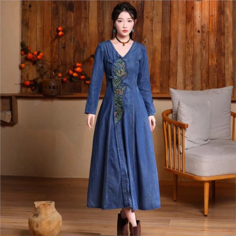Johnature Žena Jaro v čínském stylu Spona Vylepšení Vintage výšivka Bavlna s dlouhým rukávem Šaty A-Line