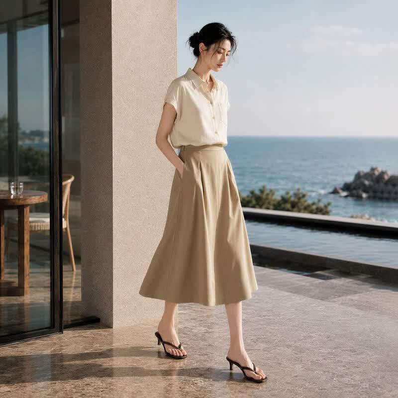 IHIMI Women s Elegant Summer Shirt & Skirt Set S