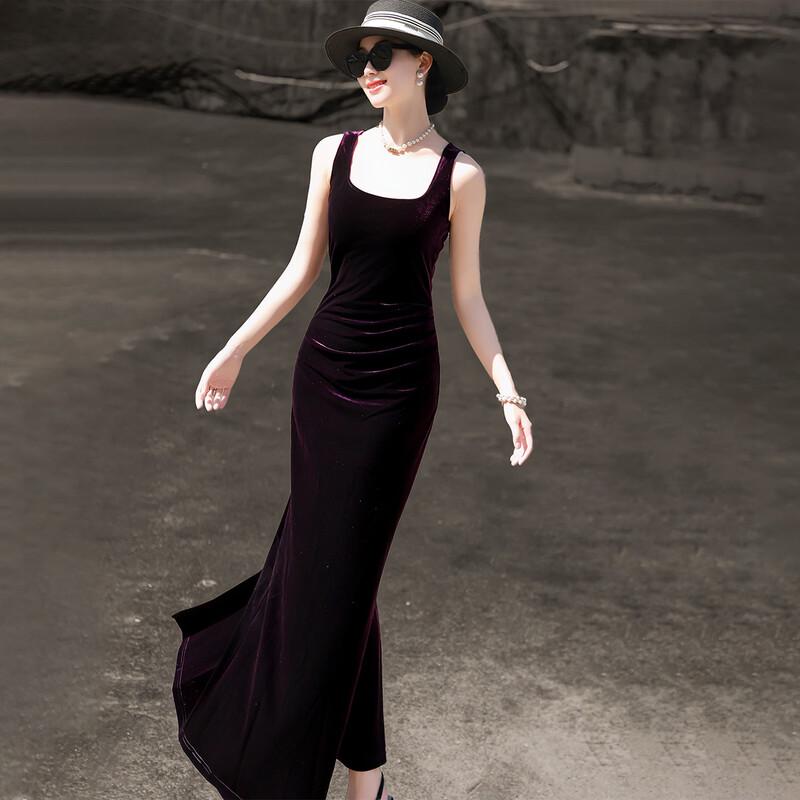 Women's Elegant French Retro Fishtail Velvet Sling Dress