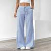 Yousheng Women Long Pants Elastic Waist Striped Design Straight Wide Leg Trousers with Pockets Relaxed Fit Leisure Pants