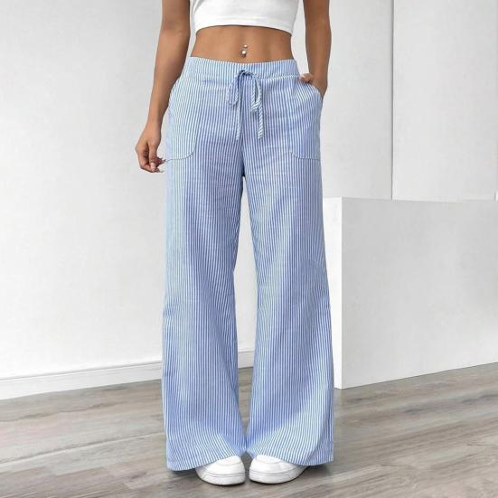 Yousheng Women Long Pants Elastic Waist Striped Design Straight Wide Leg Trousers with Pockets Relaxed Fit Leisure Pants