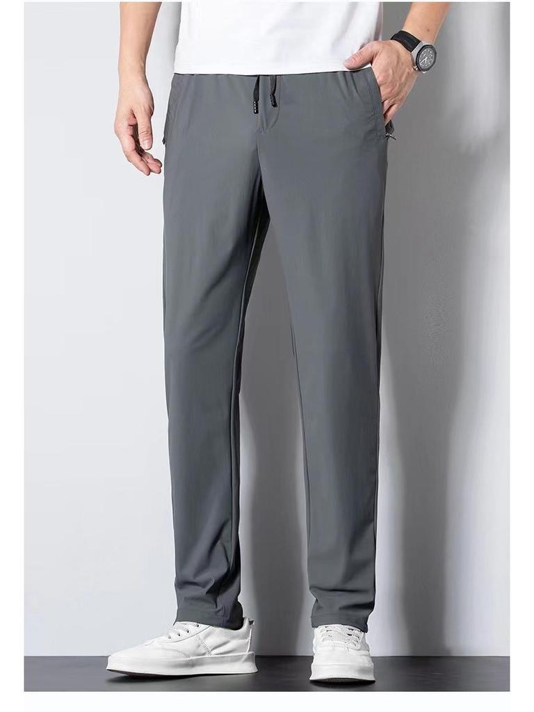 Men's Summer Ice Silk Quick-Dry Pants, Casual All-Match, Elastic Waist, Large Size, Suitable for Middle-Aged and Young Men.