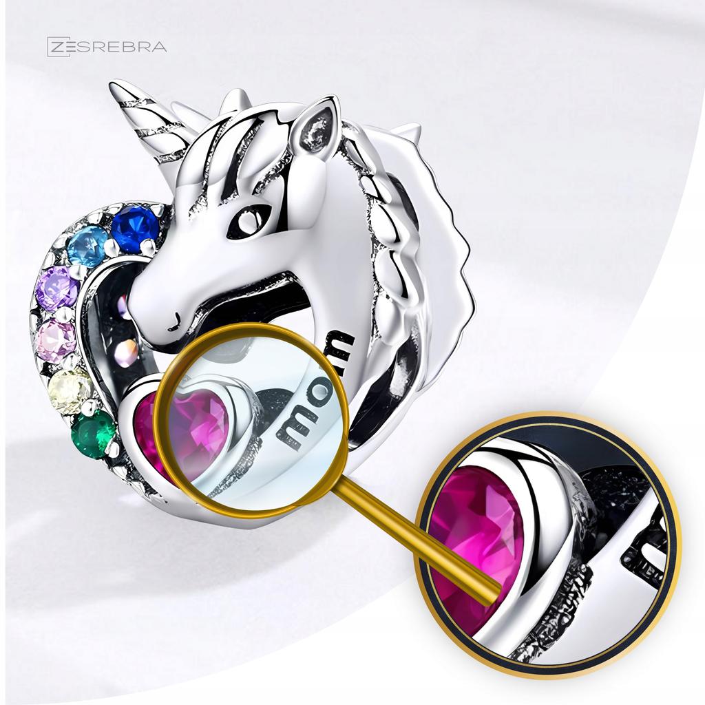 Charms Unicorn Mom Heart 925 Bead Colorful Zircons Unicorn
