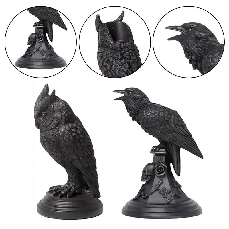 Gothic Crow Candle Holder Retro Black Owl Candlestick Sculpture Craft Halloween Statue Fun Atmosphere Home Decoration