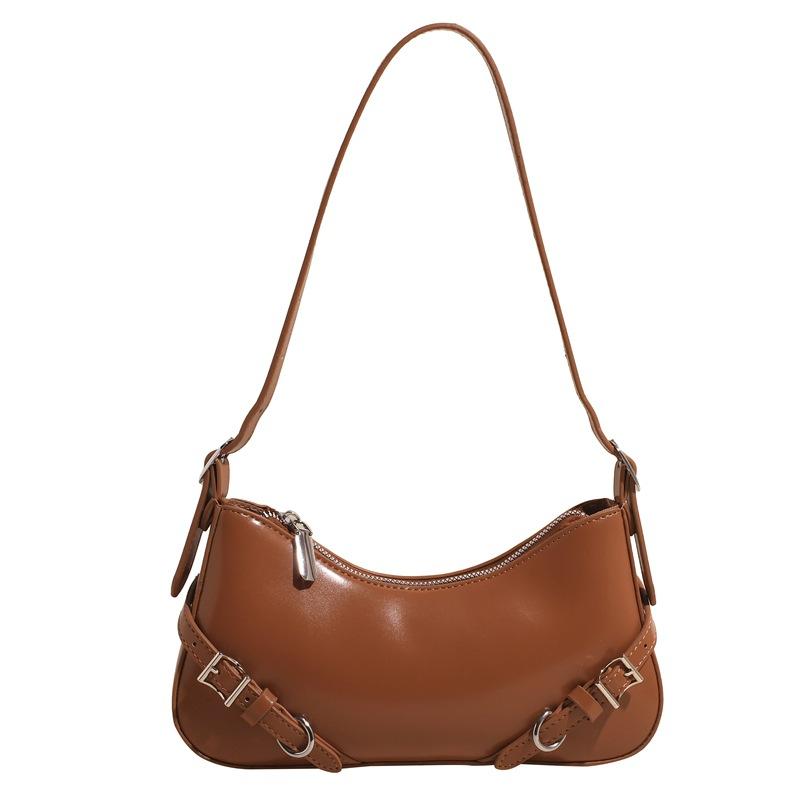 New Retro Solid Color Belt Zipper Fashion Shoulder Underarm Bag Premium Feeling Baguette Bag Messenger Bag