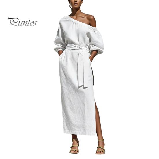 Summer Maxi Dress Women One Shoulder Long Dress, Solid Color Tie Waist Side Split Casual Party Sleeve for Dresses