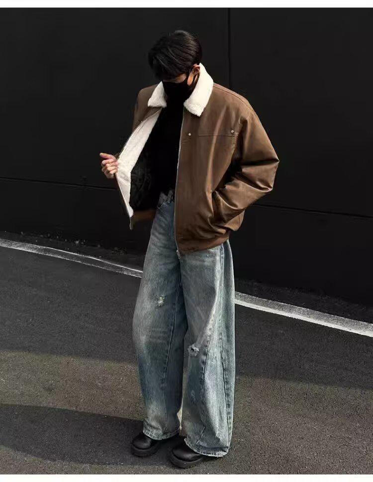 Men's Retro Tie-Dye Lamb Wool One-Piece Coat with Velvet Thickened, Turn-Down Collar, and Leather Accents