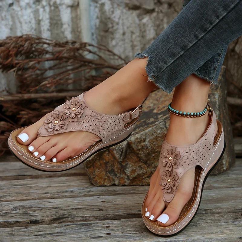 Fashion Flowers Decor Summer Womens Wedge Sandals Casual Clip Toe Platform Sandles Woman Comfortable Non Slip Rome Shoes Plus Size 43