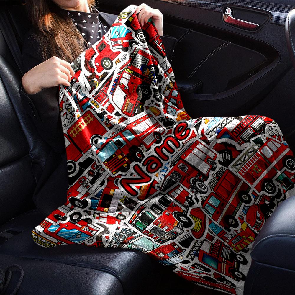Custom Name fire truck Theme Printed Blanket - Perfect for Couch, Bed, Travel & Outdoor Use | Machine Washable, Cozy & Durable.