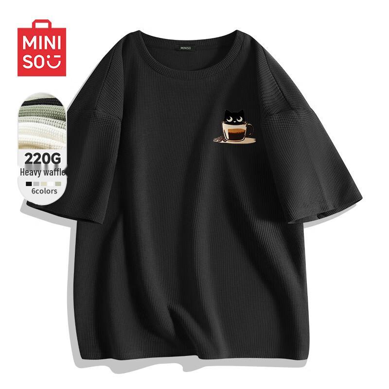 MINISO Men's Waffle Knit Short Sleeve T-Shirt with Cat Coffee Logo