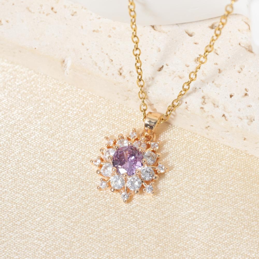 Purple Zirconia Sunburst Pendant Necklace, Golden Tone Sparkly Jewelry for Women