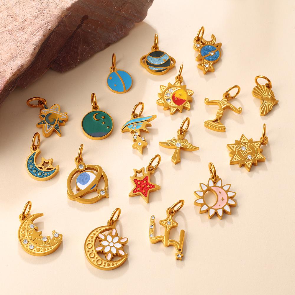 Cross-border Trend Multi-element Metal Pendant: Drip Glaze Rhinestone Star, Moon & Planet Shape DIY Accessory