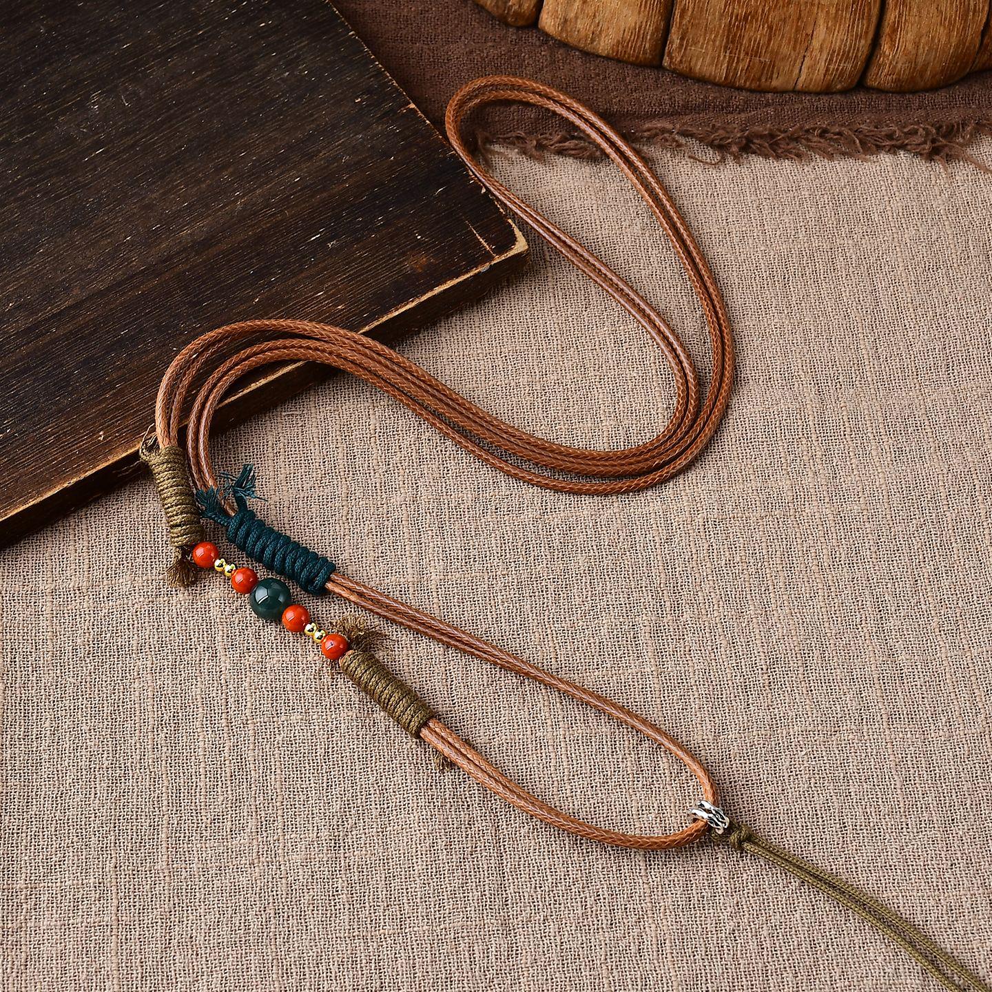 Tibetan Silver Red Agate Jade Necklace with Leather Rope