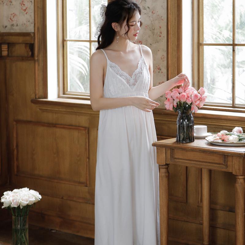 Cotton Lace Princess Camisole Nightgown - Women's Summer Long Dress with Embroidery and Chest Pad, Wearable Outside