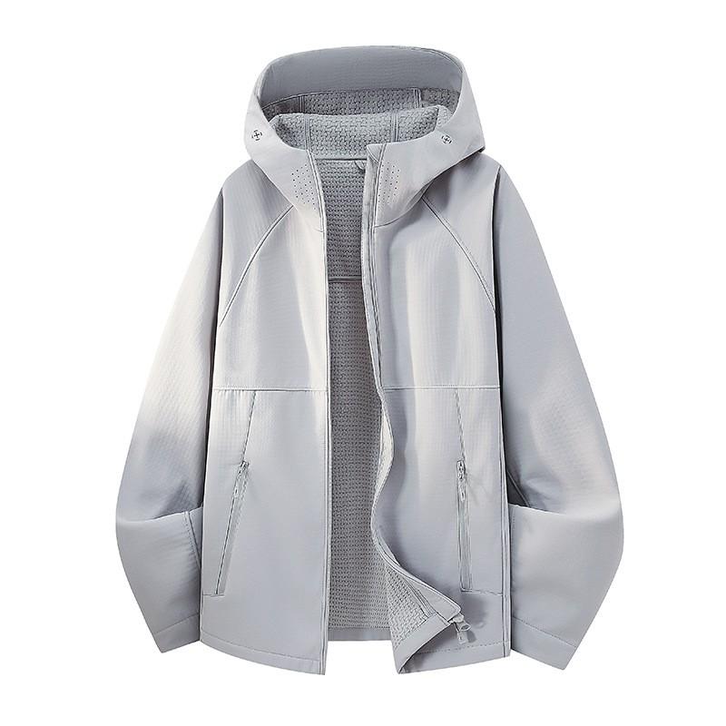 Mens Lightweight Outdoor Hooded Softshell Jacket Fall Casual Wear Solid Color Loose Fit Windproof