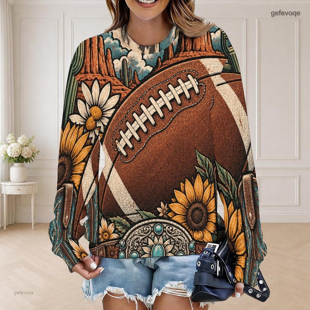 Women Plus Size Round Neck Long Sleeve Daisy Football Printed Pullover Sweatshirt