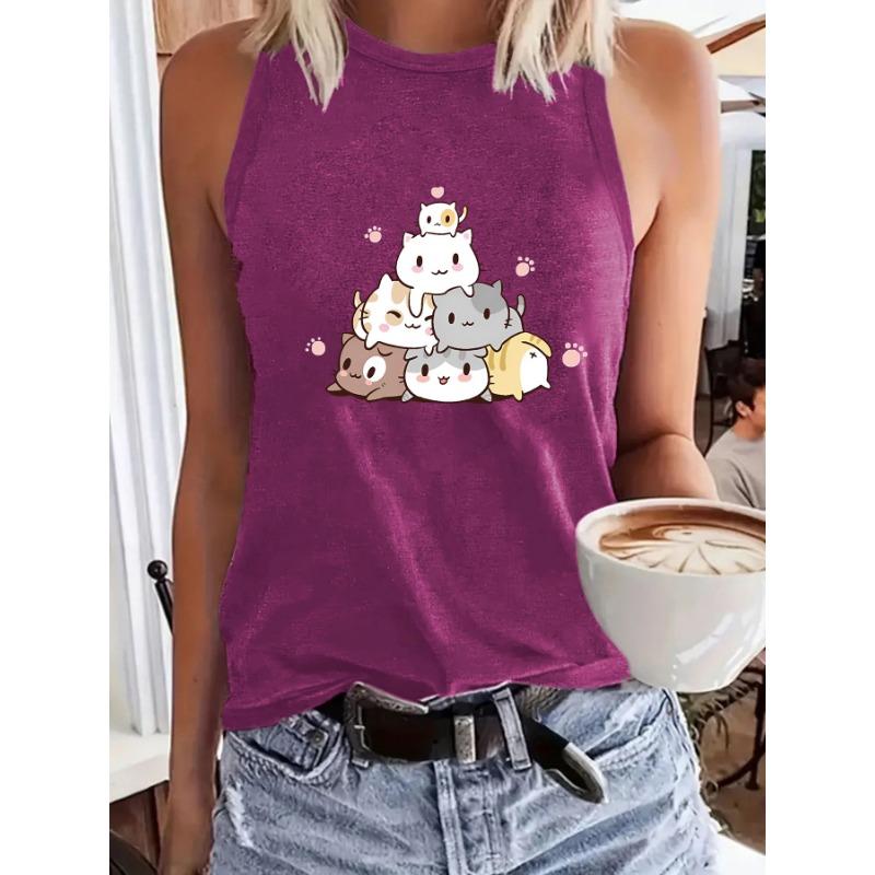 Cartoon-bedrucktes Rundhals-Damen-Tanktop Frühling und Sommer Lässiges ärmelloses Oberteil