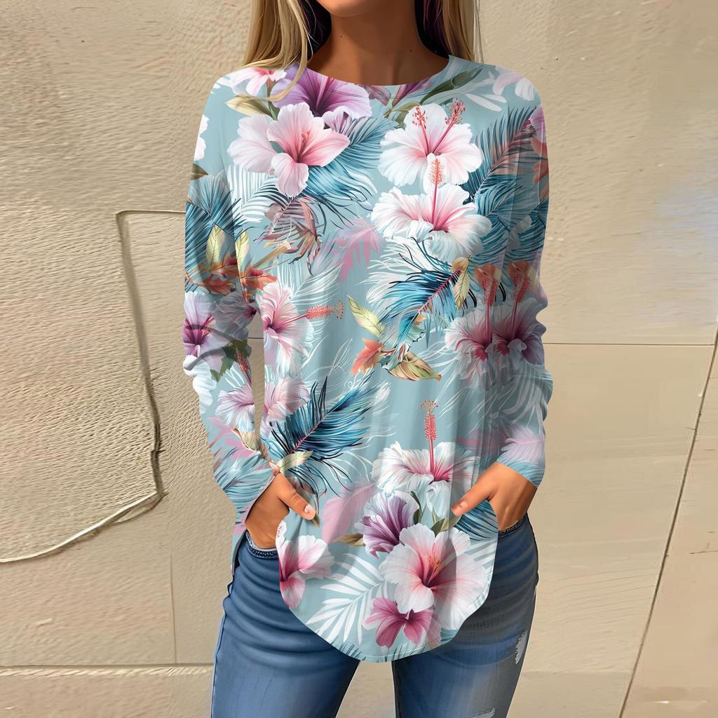 Women's  Loose Casual Flower Printed Round Neck Long Sleeved T Shirt Top Pullover Long Sleeved Sweatshirt