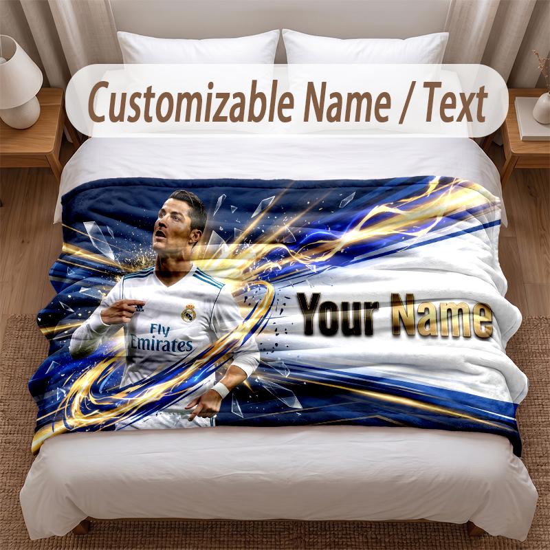 Cristiano Ronaldo Printed Flannel Blanket Custom Name Text Soft Warm Throw For Bedroom Holiday Gift