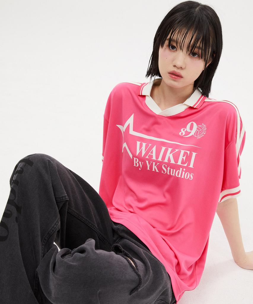 WAIKEI Star Logo Collar Jersey Short Sleeve T-Shirt Pink