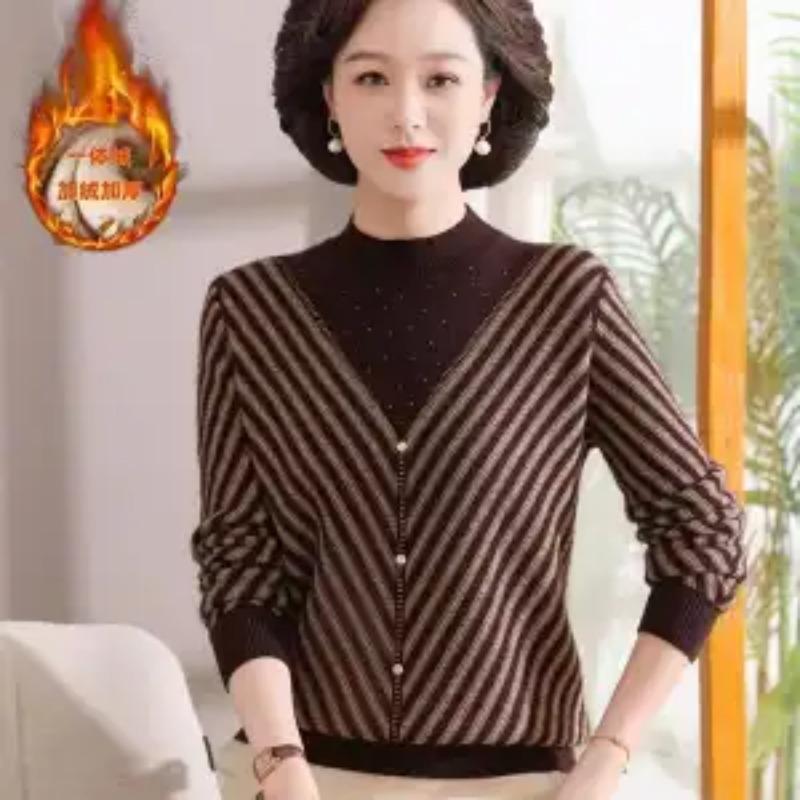 Autumn and Winter Mother Plus Velvet Sweater Half Turtleneck Base Thickened Loose Fitted Top the Elderly