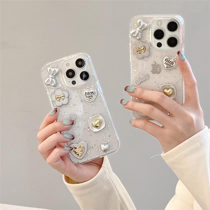 Light Luxury Sequined Bow Love Phone Case for IPhone16 Promax Flowers for Apple 17 Transparent Soft Case