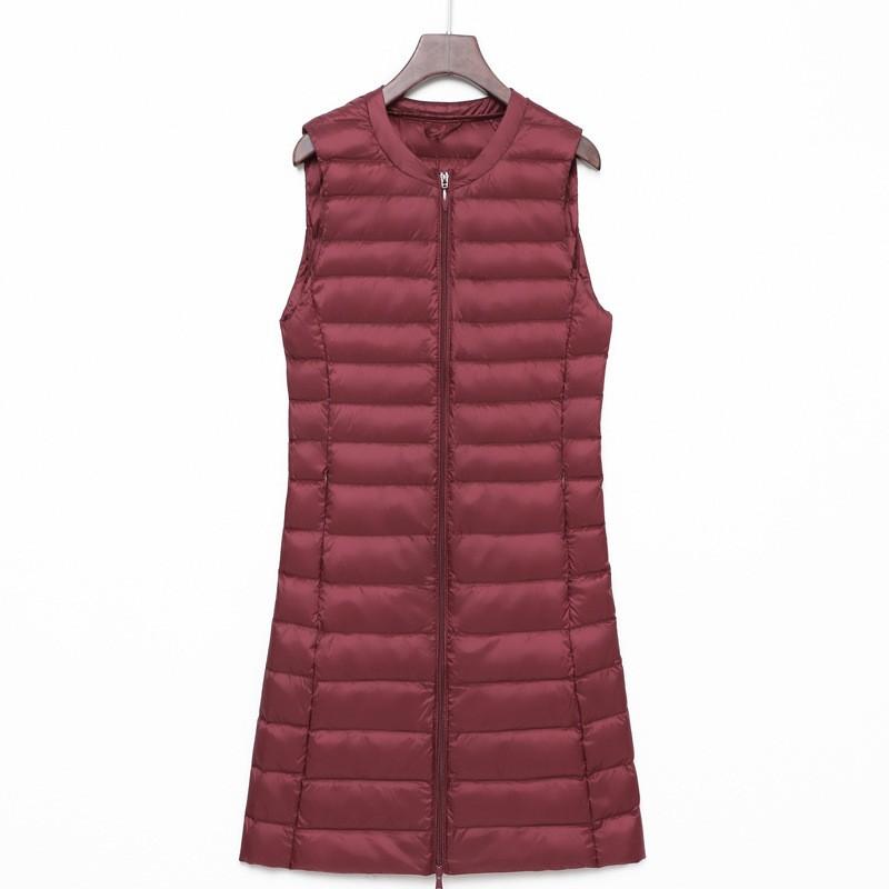 Womens Lightweight Duck Down Vest No Collar Round Neck Inner Wear Mid-Length Plus Size Urban Chic