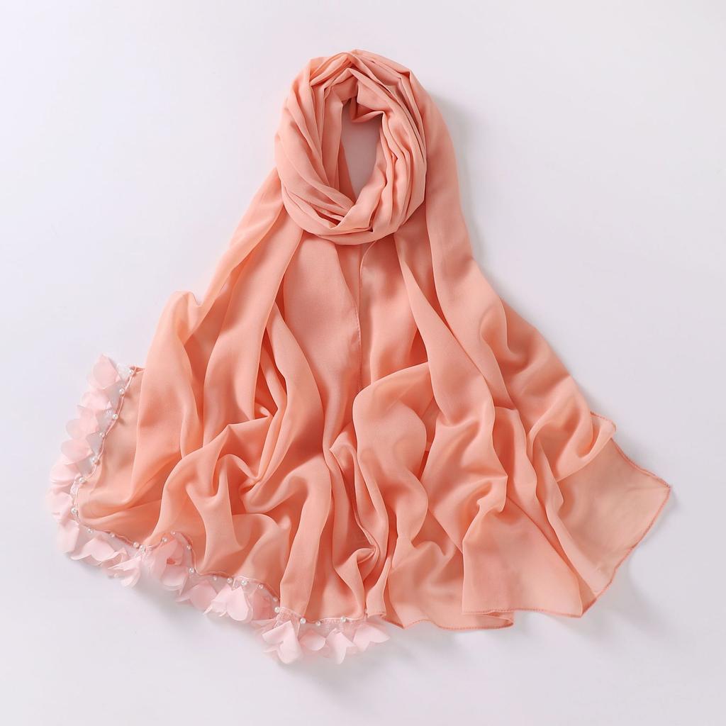Fashion Bubble Pearl Chiffon Scarf Flower Beads Hijab Muslim Women Headscarf Turban Shawl Wrap Islam Veil Stoles Scarves Bufanda