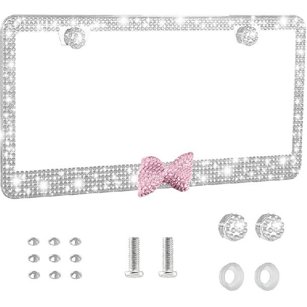 Bling License Plate Frame For Women - Sparkly Diamond Car Tag Cover With Rhinestone Crystals & Gift Bow, Stainless Steel Luxury Car Accessories For