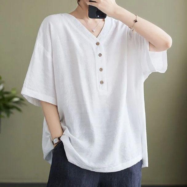 Plus Size Cotton Linen V-Neck Short-Sleeve Women's T-Shirt - Loose, Casual, Slimming Summer Fashion Top