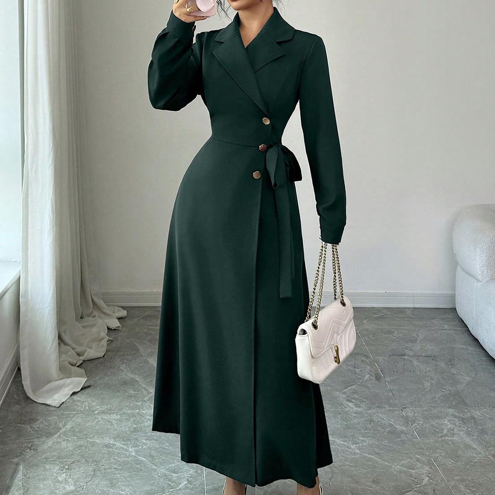 Women Blazer Midi Dress Long Sleeve Lapel Collar Double Breasted Belted Waist Elegant Office Business Dress Solid Color