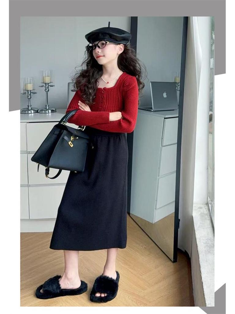 Mädchen Pullover mit Puffärmeln & Rock Set - 2025 Trendige Herbst/Winter Mode für Große Kinder