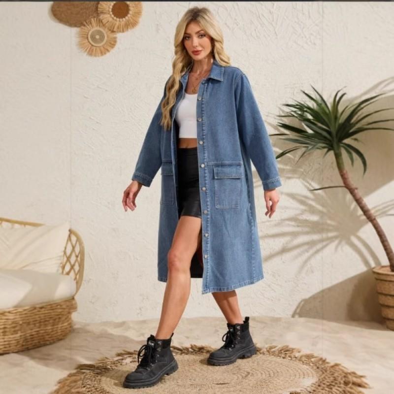 Womens Relaxed Fit Denim Shirt Dress With Single Breasted Vintage Chic Style Long Sleeve Mid-Length