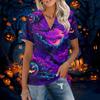 Womens Casual V Neck Short Sleeve Halloween Print Polo Shirt Loose Fit Lightweight Top for Everyday Wear