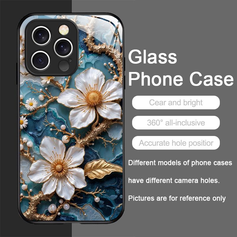 Stylish White Camellia Flower Marble Texture Tempered Glass Phone Case for IPhone 17 16 Pro Max 15 14 Plus 13 12 Mini 11 X Cover