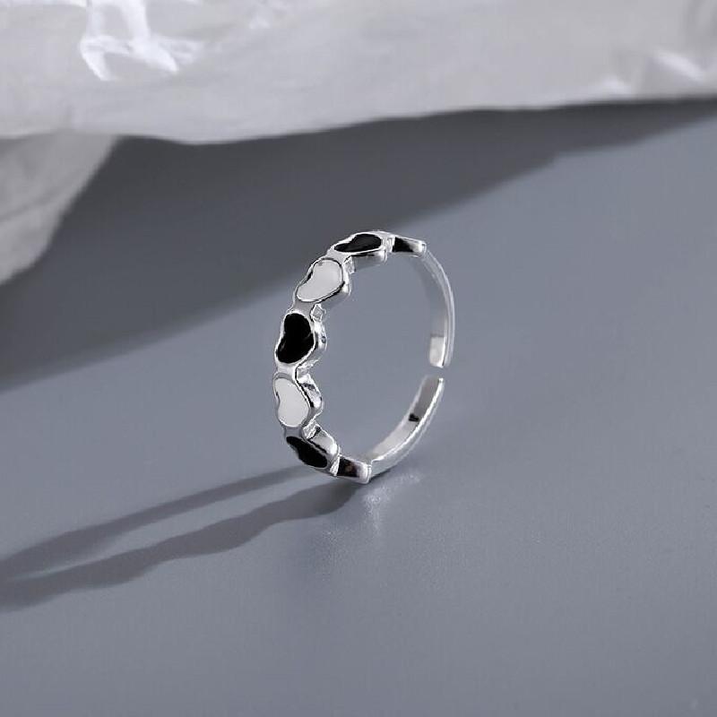925 Sterling Silver Black And White Heart Connected Adjustable Rings For Women Engagement Wedding Vintage Jewellery Argent 925