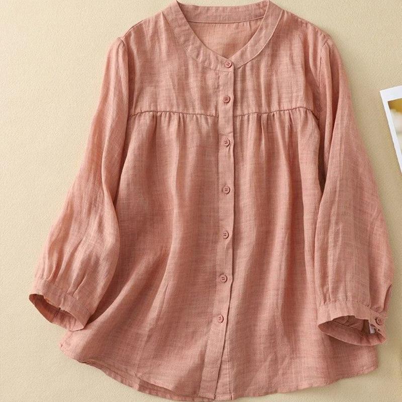 Ethnic style cotton and linen seven-quarter-sleeved shirt women's spring summer loose and thin casual cotton and linen cardigan top