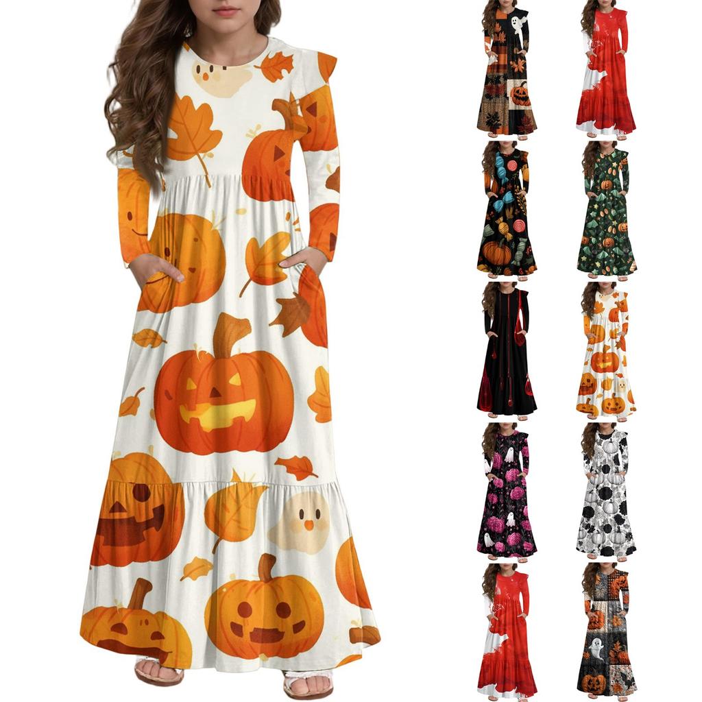 Girls' Tiered Ruffle Dress Halloween Day - Long Sleeve Printed Maxi With Pockets