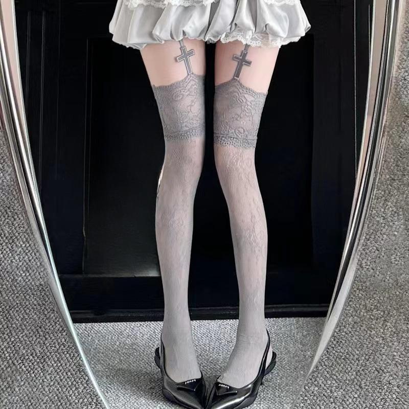 

Black White Lace Patterned Stockings with Cross Design Ultra-thin Hollow Long Tights Fishing Net Socks Pantyhose Sexy Party one size сірий