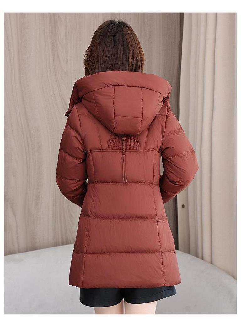 Women's Mid-Length Hooded Lace Pocket Down Jacket - 2025 Winter Slim Fit White Duck Down Coat
