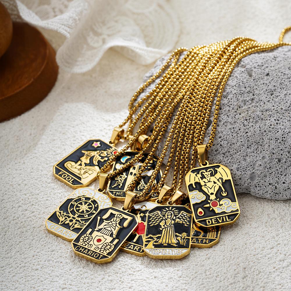 New Design Colorful Enamel Tarot Cards Pendant Necklaces 18K Gold Plated Sun Star Moon Box Chain Choker Jewelry for Women