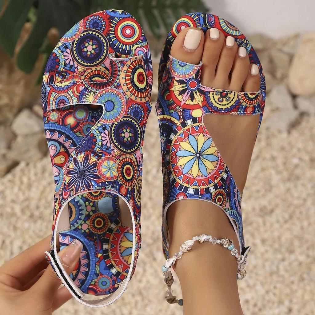 Mode Damen Sandalen 2025 Neue Flache Bedruckte Zehenring Römersandalen Damen Grenzüberschreitend Übergröße Ethno-Stil Coole Schuhe für Damen