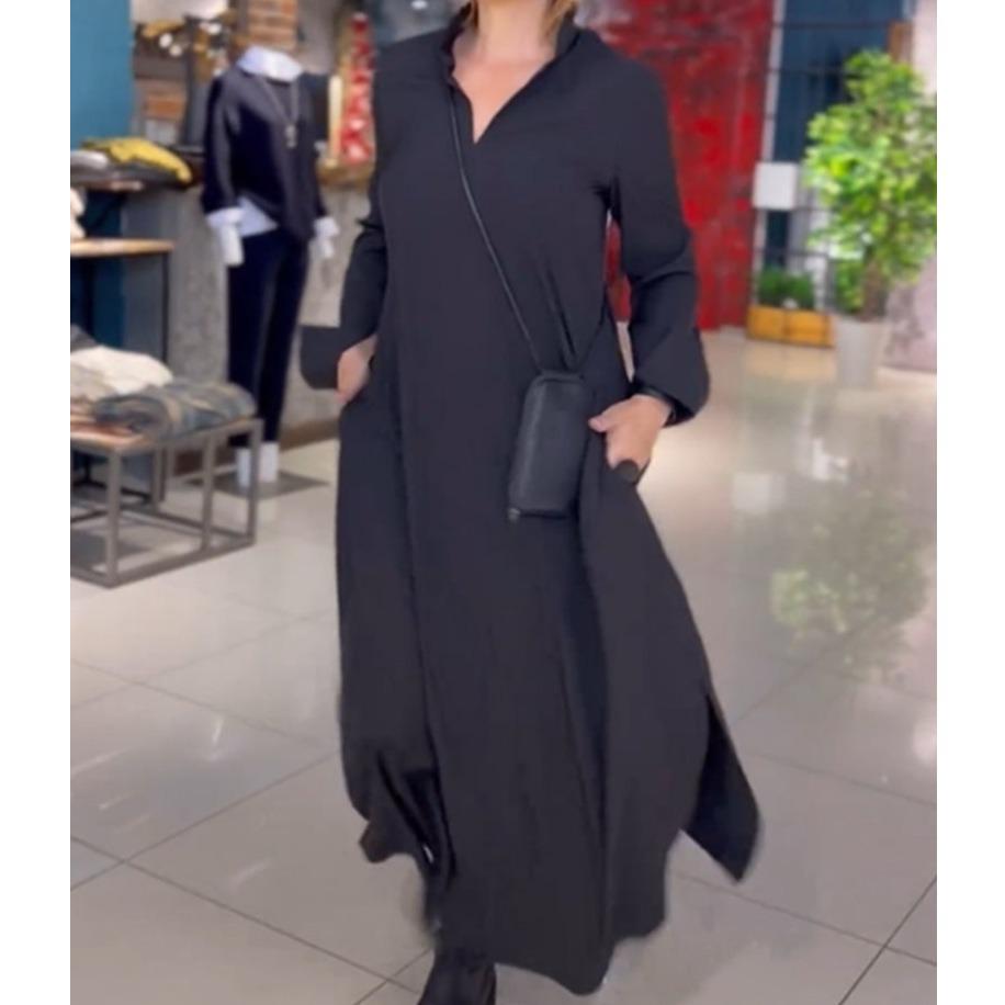 European and American Solid Color V-Neck Satin Long-Sleeve Pocket Dress