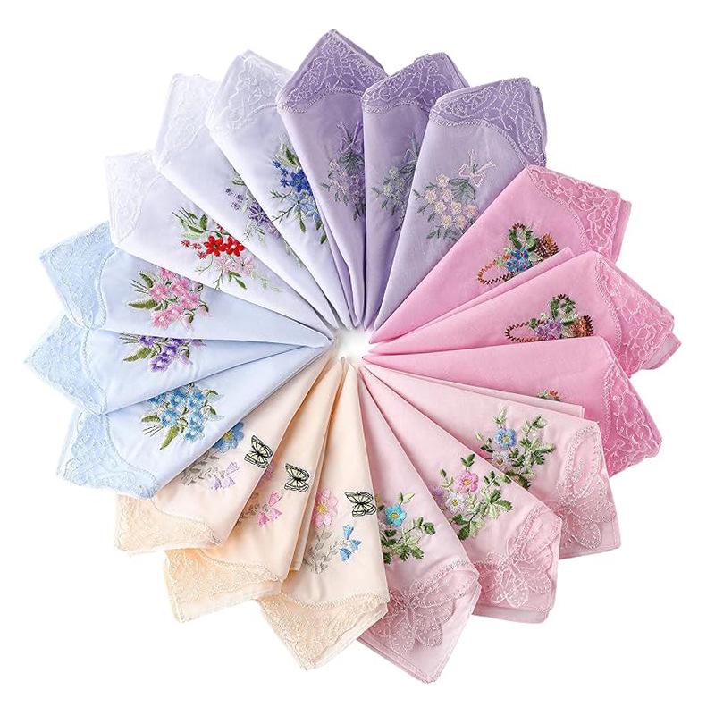 Colorful Lace Embroidered Women's Cotton Handkerchief, 60s Japanese Pure Cotton, 28CM Square