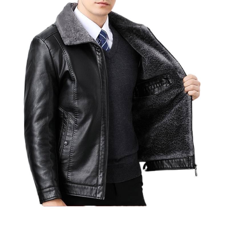 Men's Shearling Leather Jacket with Fleece Lining for Middle-Aged and Elderly Dads