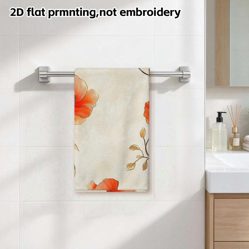 Beige Red Poppy Gold Line Bath Towel, Soft Absorbent Quick Dry Elegant Floral Bathroom Shower Towel