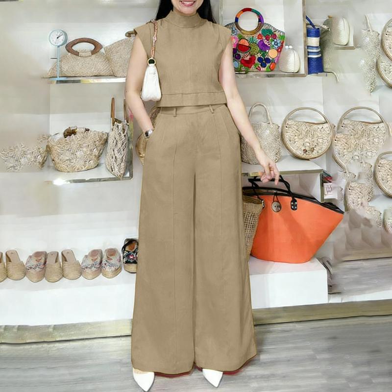 ZANZEA Women Sleeveless Vest Tops and Wide Leg Pants Summer Two Piece Suit Sets