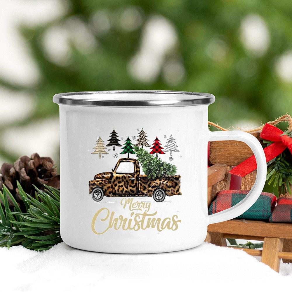 Christmas Tree Deer Truck Print Enamel Mugs Coffee Cups Christmas Party Dessert Hot Cocoa Chocolate Cup Gifts for Friends Family