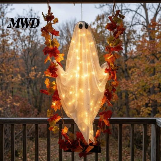 Halloween-Außendekoration Veranda Schwingende Geisterdekoration, Großes Hängendes mit Ahornblatt Beleuchtete Schaukel für Hof Rankenlichter Und Fernbedienung Baum,
