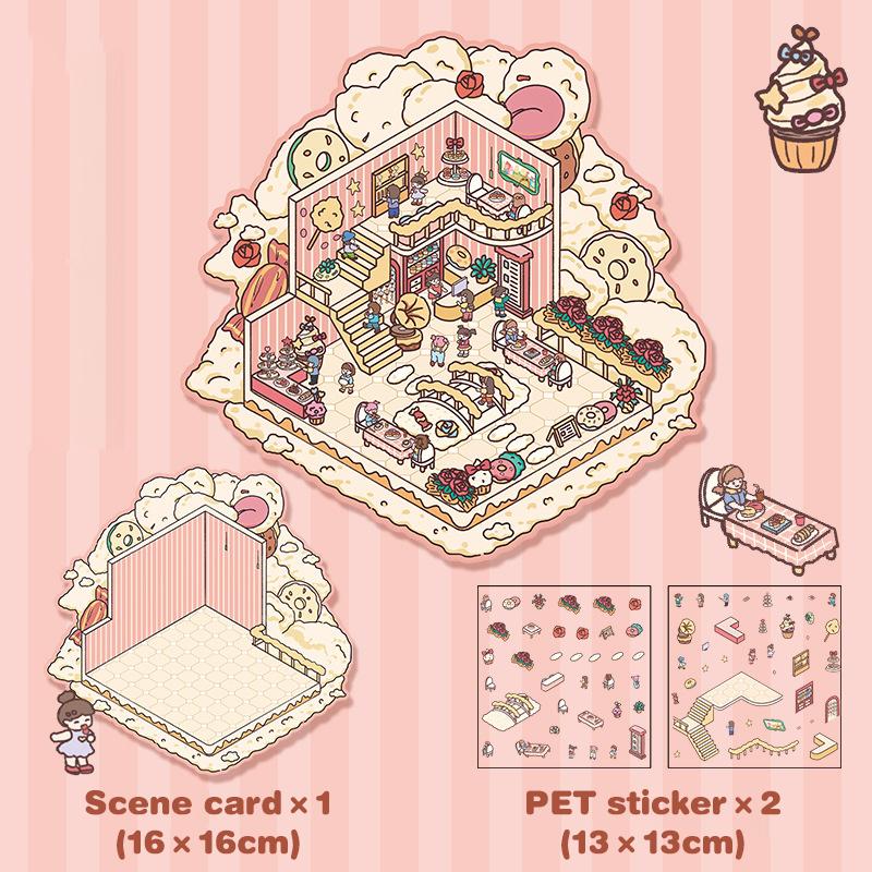 

1Set Cute 3D Landscaping Handbook Sticker Miniature Scene Sticker Cartoon Pocket Cabin Scene Stacking Pasting Stickers